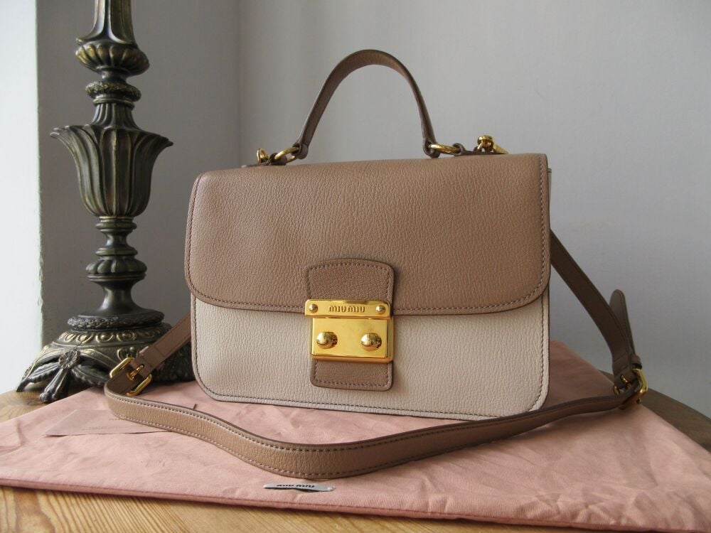 Miu Miu Madras Bicolore Top Handle Shoulder Satchel in Crema & Cipra Nude Beige Goatskin