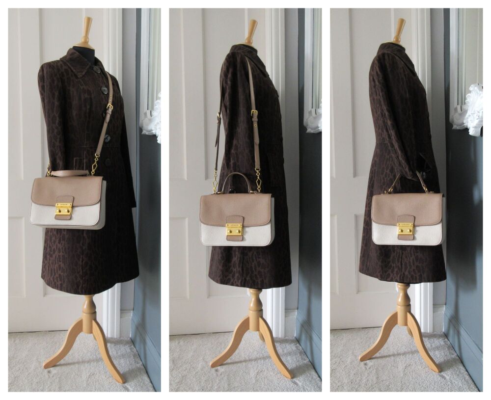 Miu Miu Madras Bicolore Top Handle Shoulder Satchel in Crema & Cipra Nude Beige Goatskin