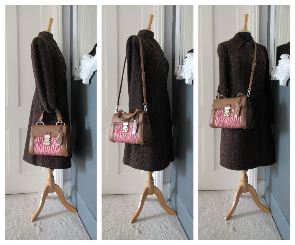 Miu Miu Pattina Bicolore Top Handle Shoulder Satchel in Caramel Lamb Nappa & Rose Matelass&eacute;