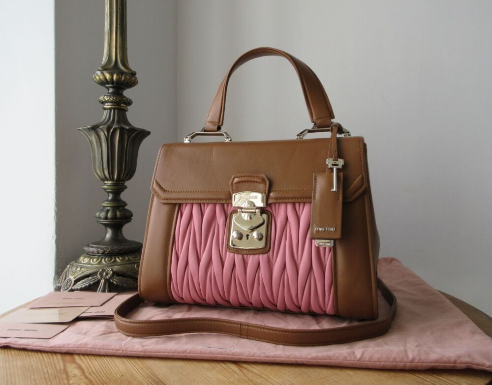 Miu Miu Pattina Bicolore Top Handle Shoulder Satchel in Caramel Lamb Nappa & Rose Matelass&eacute;