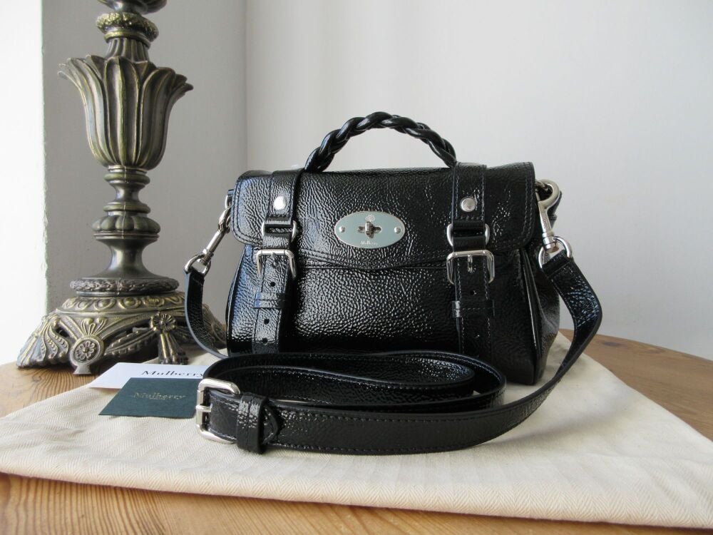 Mulberry Mini Alexa in Black Spongy Patent Leather with Shiny Silver Hardware