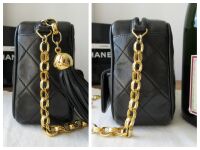 Chanel Vintage Small Camera Tassle Bag in Black Lambskin with Gold Hardware