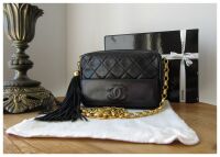 Chanel Vintage Small Camera Tassle Bag in Black Lambskin with Gold Hardware