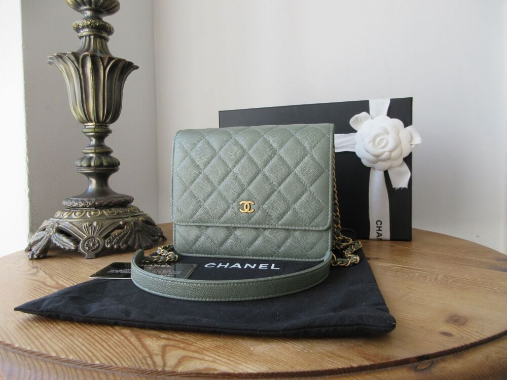 Chanel Square Wallet on Chain WoC in Iridescent Khaki Caviar Leather