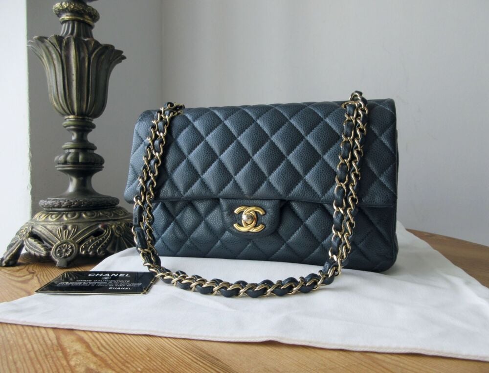 Chanel Classic Medium Double Flap in Navy Blue Pearly Blue Caviar