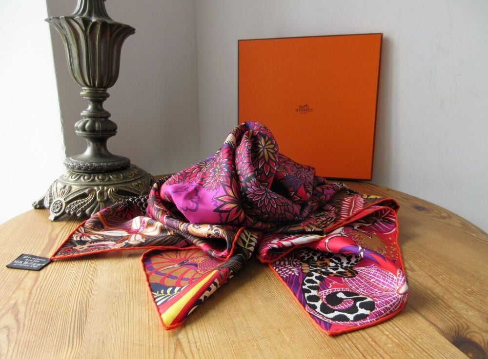 Herm&egrave;s Wild Singapore'  Carr&eacute; Square Scarf 90cm in Rouge/ Violet/ Beige Multicolor 100% Silk Twill