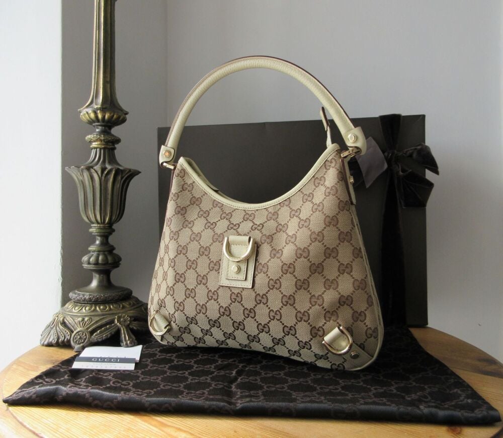 Gucci Vintage Abbey D Ring Small Zipped Hobo in Ivory Beige GG Canvas