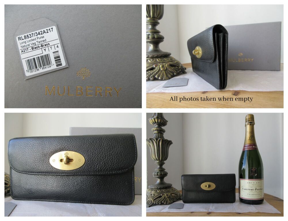 Mulberry Classic Postmans Long Locked Continental Flap Purse Wallet in Black Natural Vegetable Tanned Leather