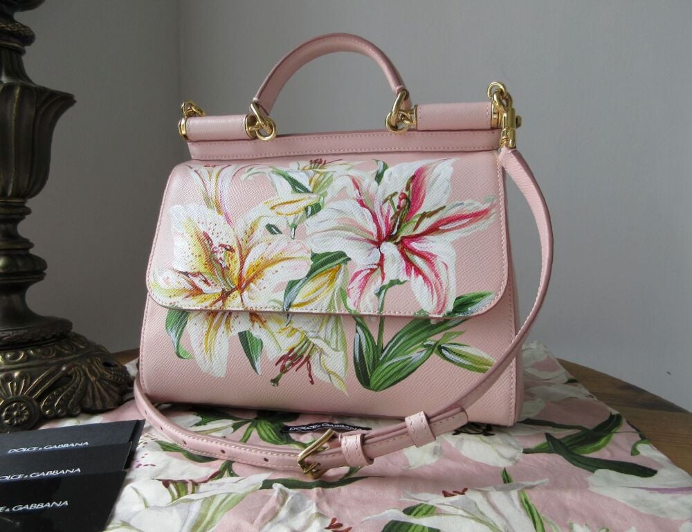Dolce & Gabbana Medium Miss Sicily Floral 'Lilies' in Rosa Pink Vitello Stampa Dauphine Leather