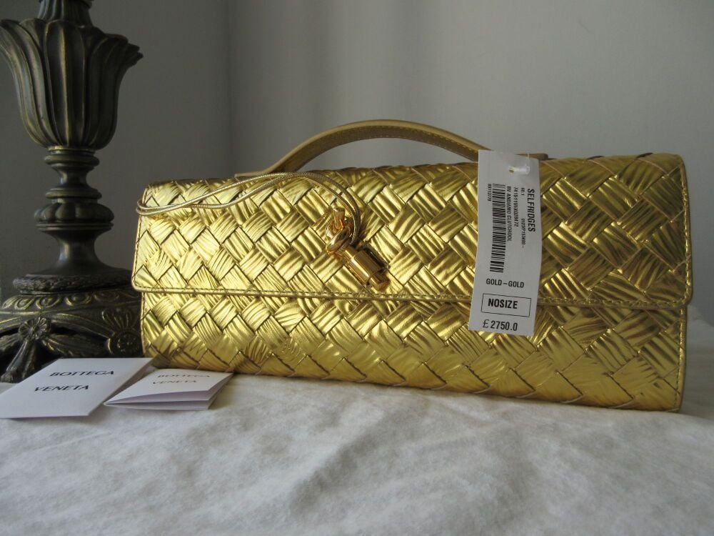 Bottega Veneta Andiamo Clutch in Metallic Gold Intrecciato