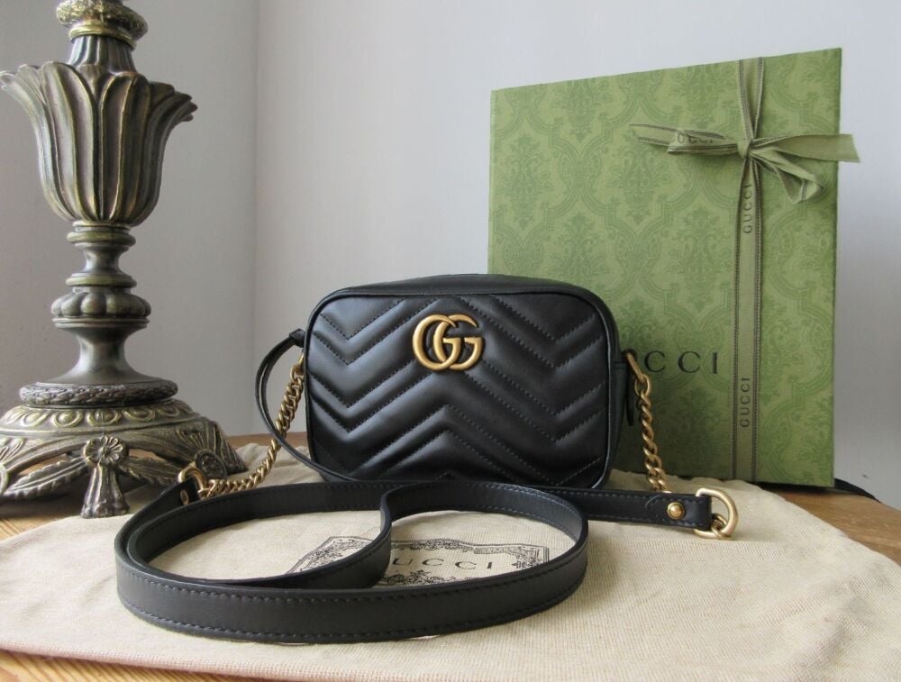 Gucci GG Marmont Mini Camera Bag in Black Matelass&eacute; Quilted Calfskin