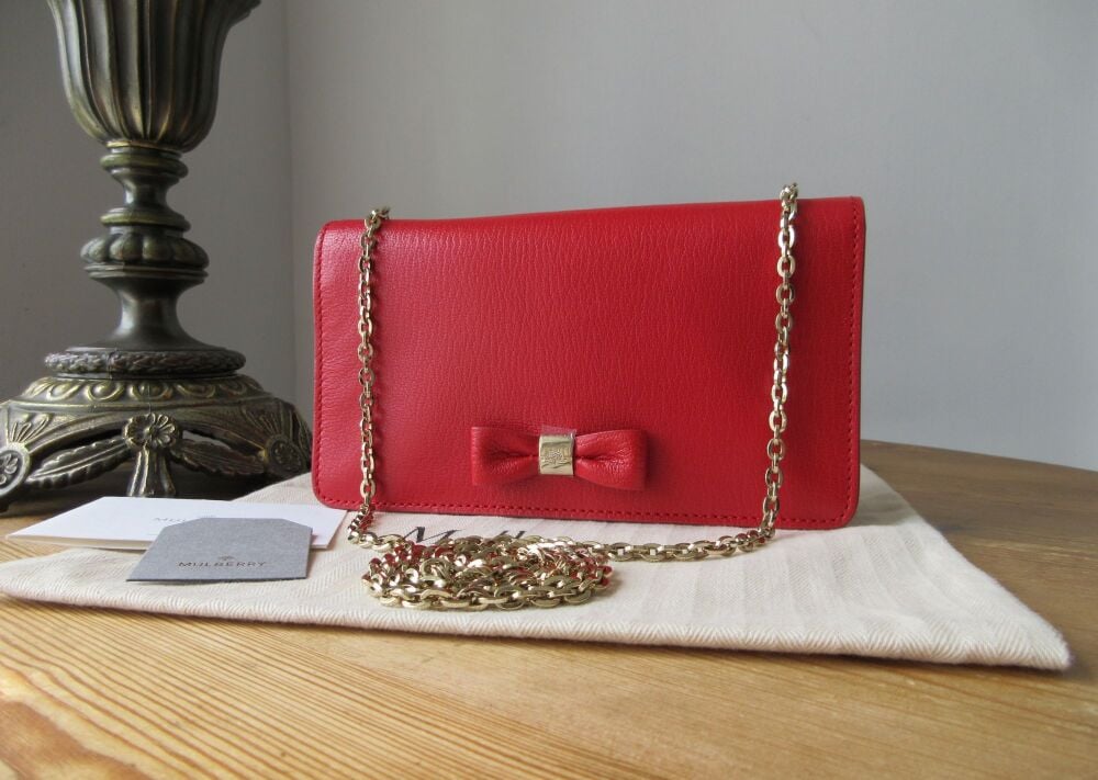 Mulberry Bow Shoulder Clutch Wallet on Chain in Bright Red Shiny Goat Leather