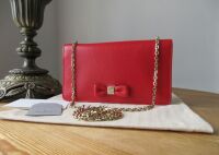 Mulberry Bow Shoulder Clutch Wallet on Chain in Bright Red Shiny Goat Leath