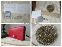 Mulberry Bow Shoulder Clutch Wallet on Chain in Bright Red Shiny Goat Leath