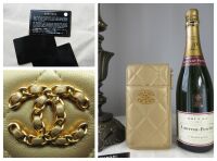 Chanel CC Flat Phone Case Wallet Zip Pouch in Metallic Champagne Gold Lambs
