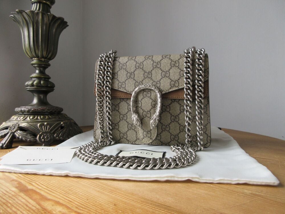 Gucci Dionysus Flap Mini Bag in GG Ebony Beige Supreme & Suede