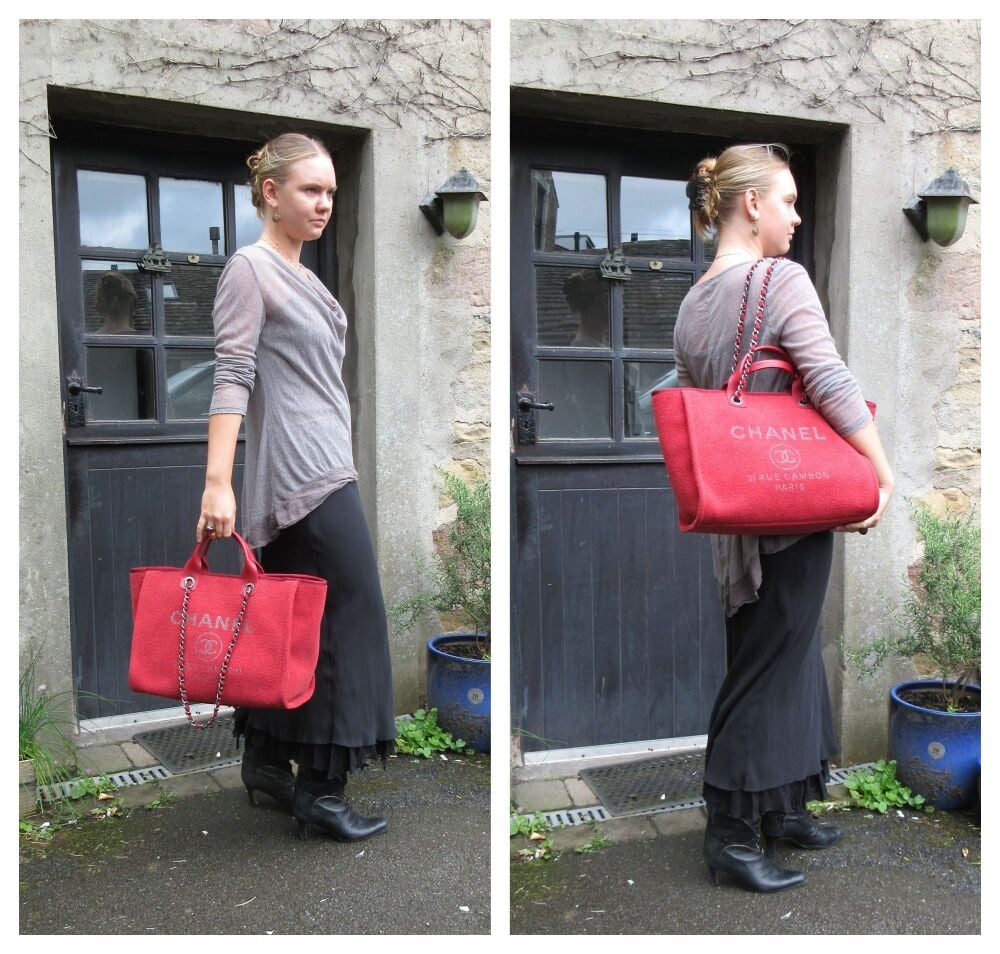 Chanel Large Deauville Tote in Sparkle Red Boucle Chenille Tweed