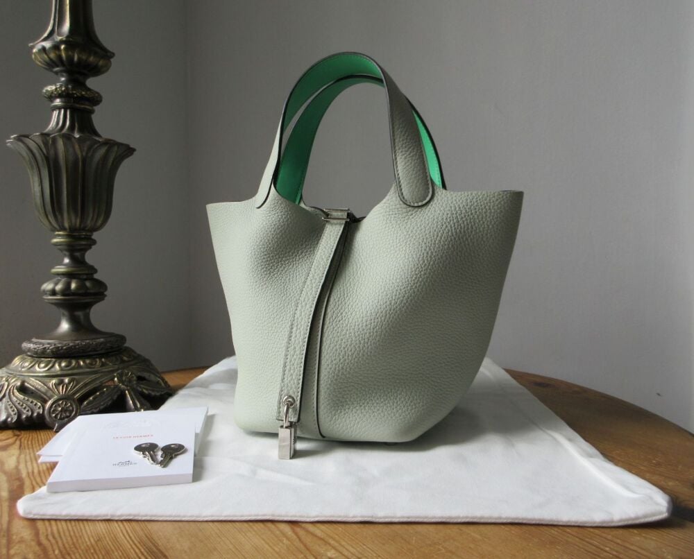 Herm&egrave;s Picotin Lock 18 in Eclat Gris Neve Clemence & Vert Comics Swift with Palladium Hardware