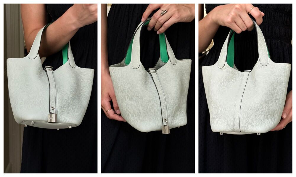 Herm&egrave;s Picotin Lock 18 in Eclat Gris Neve Clemence & Vert Comics Swift with Palladium Hardware