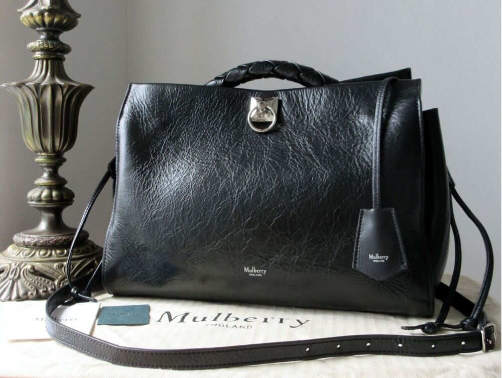 Mulberry Large Iris in Black High Shine Calf Leather with Shiny Silver Hardware