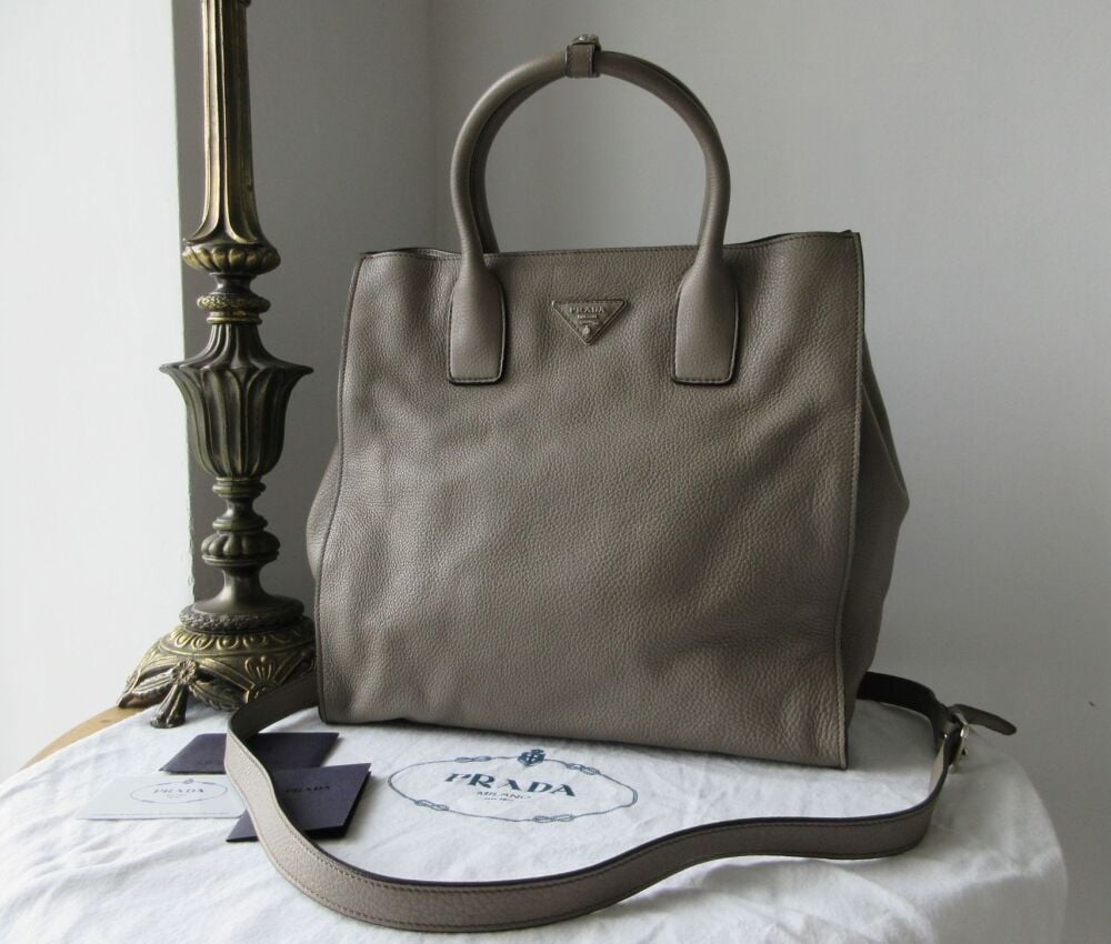 Prada Shoulder Tote in Argilla Grey Vitello Diano Calfskin with Silver Hardware