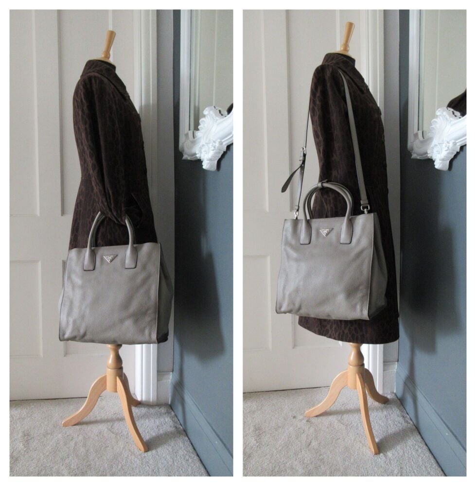 Prada Shoulder Tote in Argilla Grey Vitello Diano Calfskin with Silver Hardware