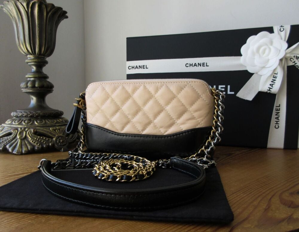 Chanel Mini Gabrielle Twin Zipped Pochette Shoulder Messenger Clutch in Bicolore Cream and Black Calfskin