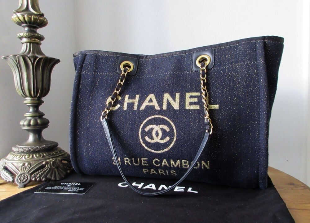 Chanel Small Deauville Tote in Navy Blue Glitter with Gold Hardware