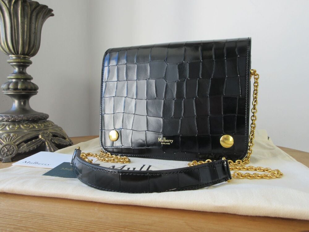 Mulberry Clifton in Black Polished Embossed Croc Printed Leather
