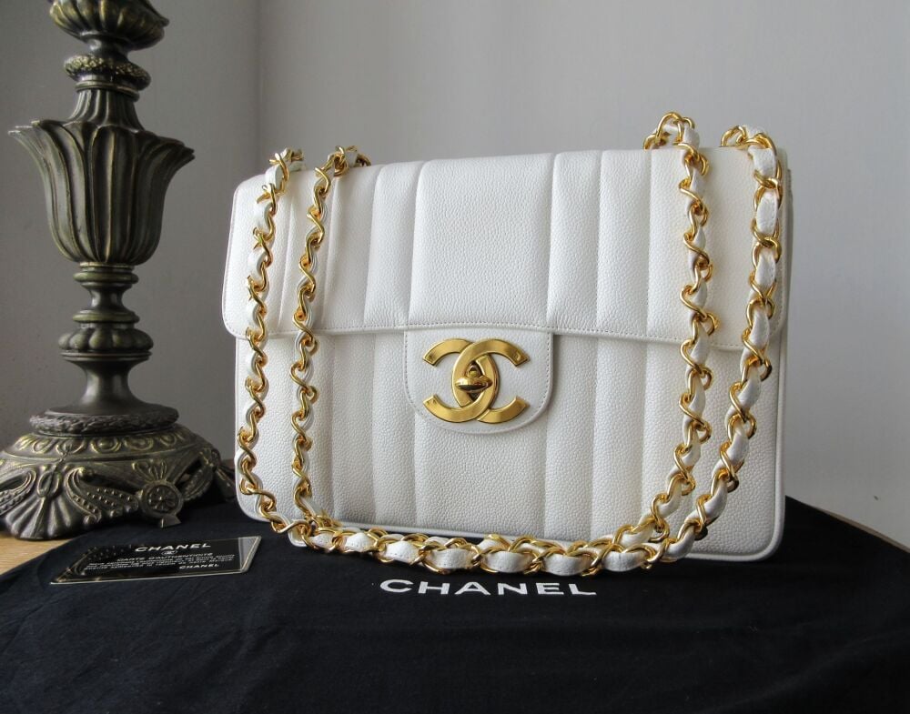 Chanel Vintage Vertical Stitch Large Flap Bag in White Caviar with 24kt Gold Hardware