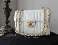 Chanel Vintage Vertical Stitch Large Flap Bag in White Caviar with 24kt Gol