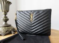 Saint Laurent YSL Monogram Cassandre A5 Wristlet Zip Pouch in Black Matelas