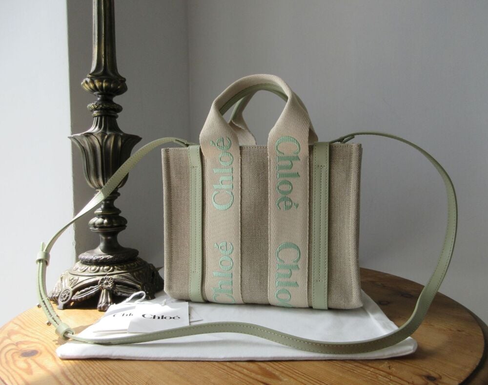 Chlo&eacute; Woody Small Tote in Light Eucalyptus Linen & Calfskin