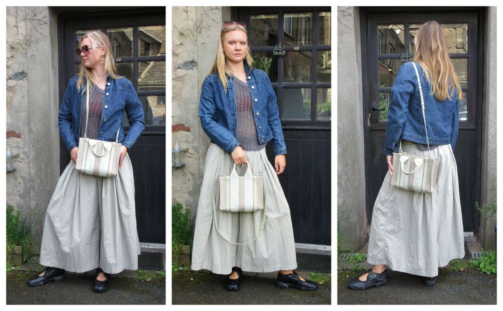 Chlo&eacute; Woody Small Tote in Light Eucalyptus Linen & Calfskin