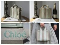 Chloé Woody Small Tote in Light Eucalyptus Linen & Calfskin