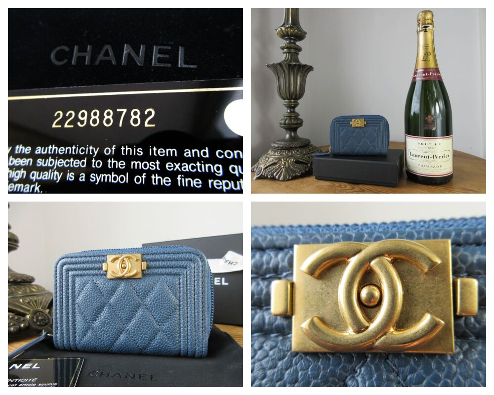 Chanel Boy Small Zip Around Wallet in Blue Caviar with Antiqued Gold Hardware