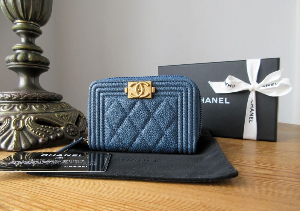 Chanel Boy Small Zip Around Wallet in Blue Caviar with Antiqued Gold Hardware