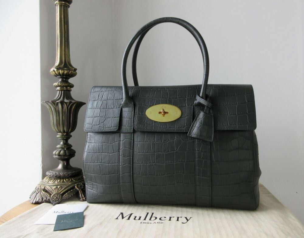 Mulberry Classic Heritage Bayswater in Mulberry Green Croc Embossed Calfskin