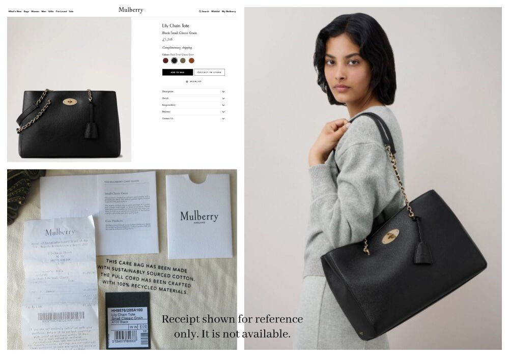 Mulberry Lily Chain Tote in Black Small Classic Grain Leather