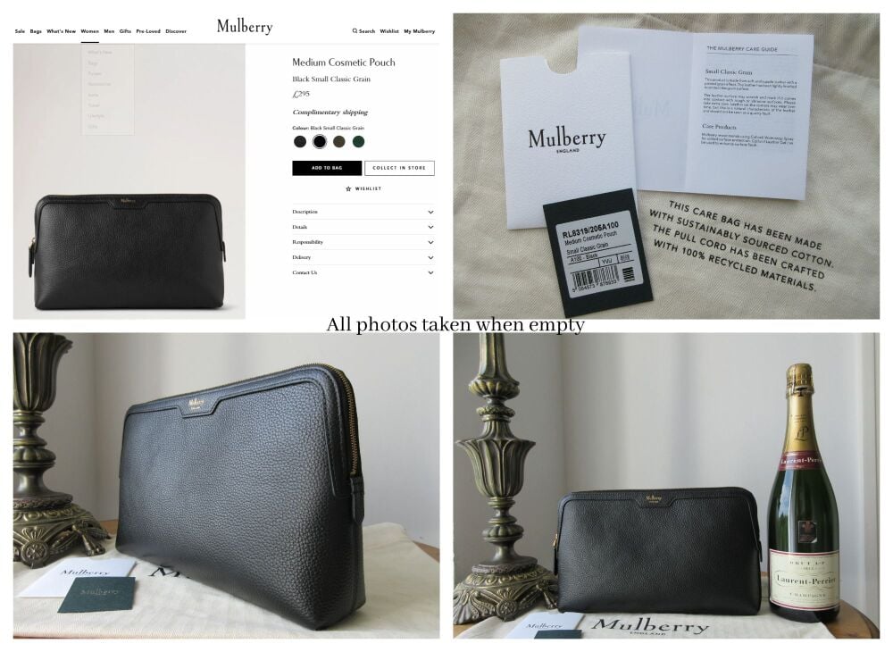 Mulberry Medium Zip Around Cosmetic Pouch in Black Small Classic Grain Leather