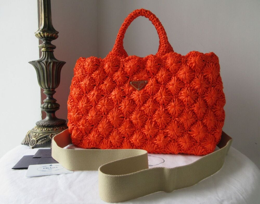 Prada Raffia Rombi Woven Canapa Tote in Papaya Orange