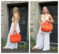 Prada Raffia Rombi Woven Canapa Tote in Papaya Orange