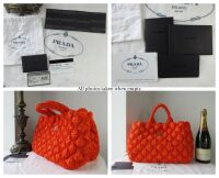 Prada Raffia Rombi Woven Canapa Tote in Papaya Orange