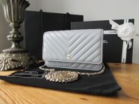 Chanel Wallet on Chain WoC in Dove Grey Chevron Quilted Lambskin with Champ