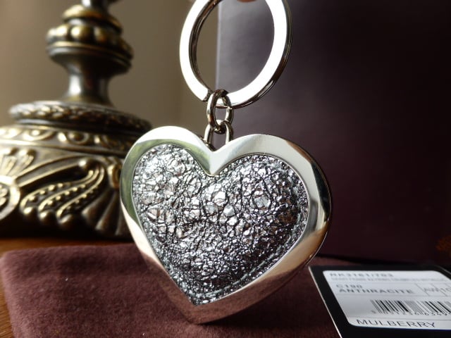 Mulberry Heart Frame Keyring Bagcharm in Crumpled Anthracite Metallic - SOLD