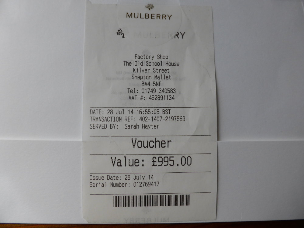 Mulberry Gift Voucher for £995 (Valid all UK Stores & Outlets for 12 months)- SOLD