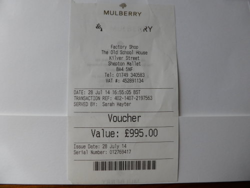 Mulberry Gift Voucher for £895 (Valid all UK Stores & Outlets for 12 months