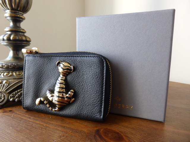 Mulberry Lily Tiger Plaque Slim Coin Purse in Black Soft Matte Leather - Ne