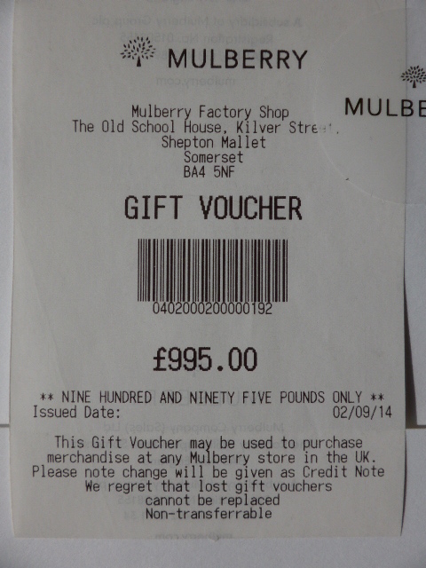 Mulberry Gift Voucher for £995 (Valid all UK Stores & Outlets for 12 months) - SOLD