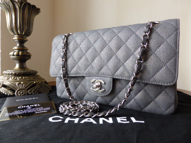 Chanel Classic 2.55 Medium Flap in Grey Sparkle Fabric with Silver ...